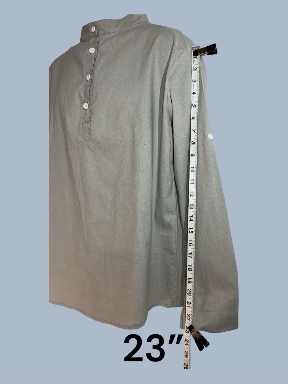 Band Collar 100% Cotton Linen Long Adjustable Sleeve Button Front Shirt Gray M - Picture 4 of 8